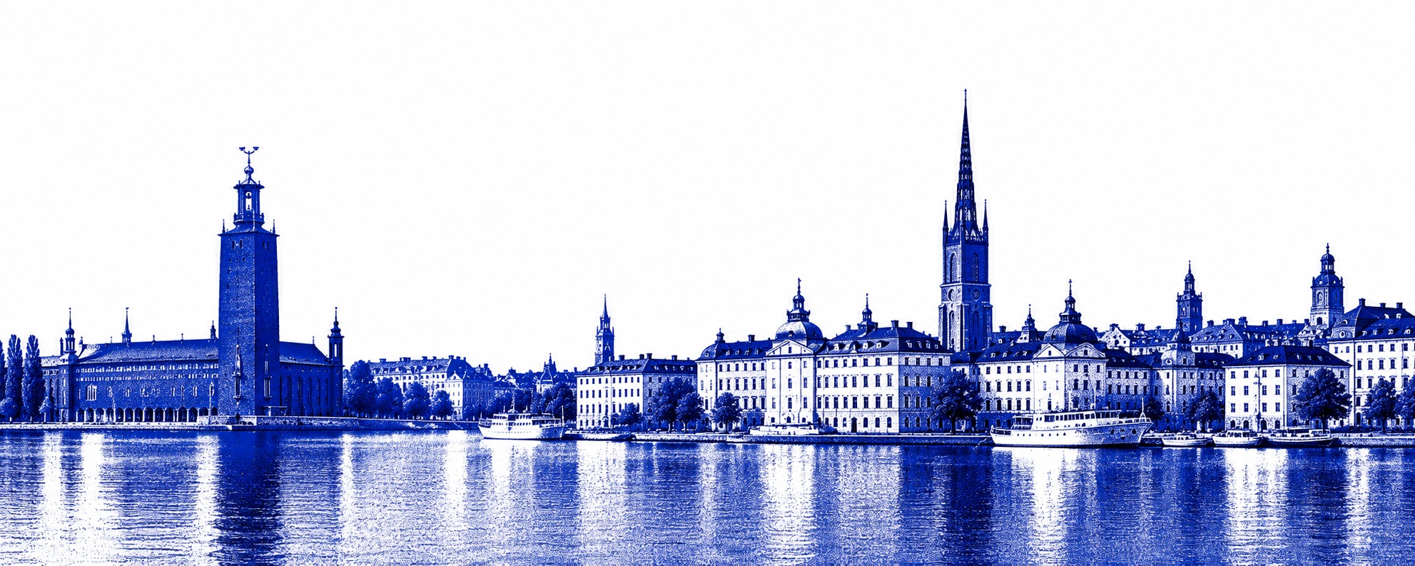 Stockholm waterfront and City Hall in cobalt dither illustration